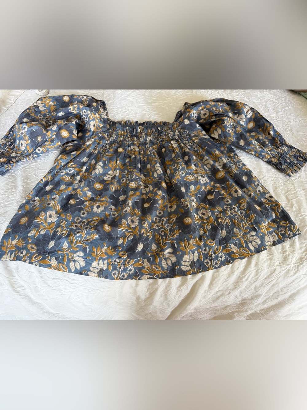 Floral Off-Shoulder Peasant Blouse in Navy and Gold